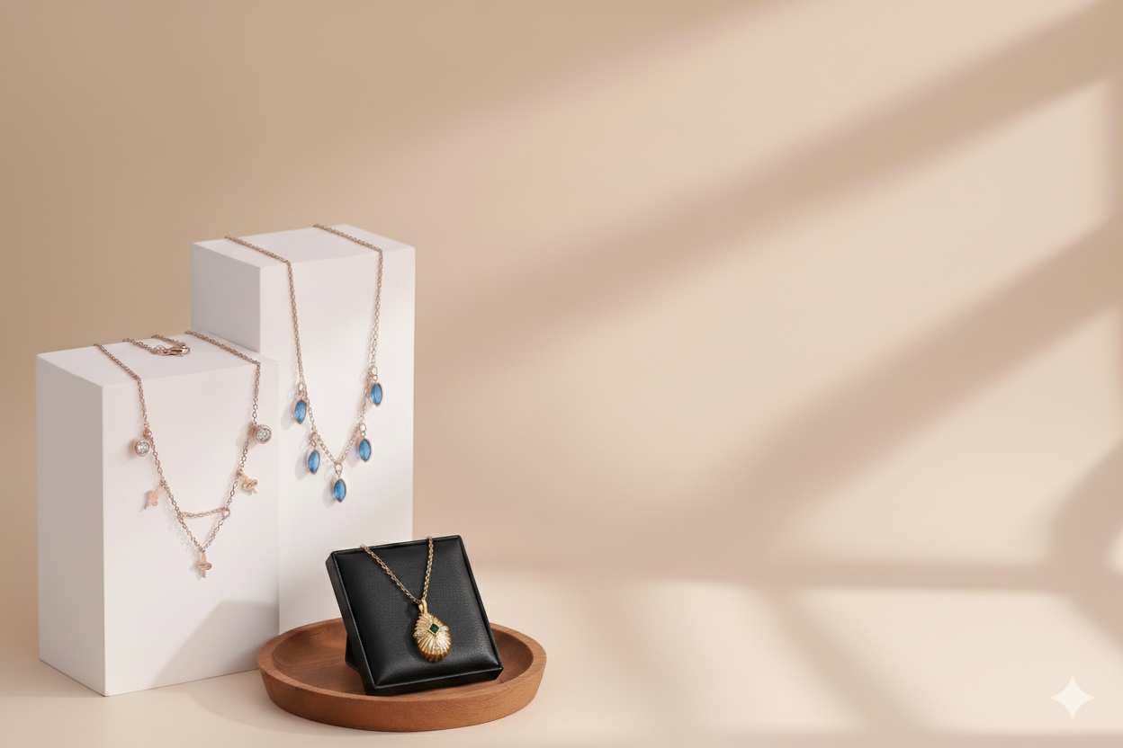 Necklaces displayed on a white box and wooden tray against a beige background